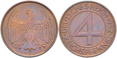 ГЕРМАНИЯ 4 РЕЙХСПФЕННИГА 1932 А KM 75, J. 315 бронза 210-554
