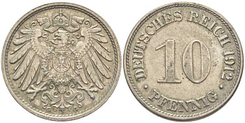 ГЕРМАНИЯ 10 ПФЕННИГОВ 1912 G KM 12, J. 13 медно-никель 210-712