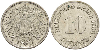 ГЕРМАНИЯ 10 ПФЕННИГОВ 1908 D KM 12, J. 13 медно-никель UNC 31-325