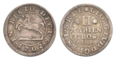 Брауншвейг-Каленберг-Ганновер 2 мариенгроша 1702 Георг I (1698-1727), из коллекции Ричарда Б. Смита Welter 2205, KM 31 серебро 1525-724