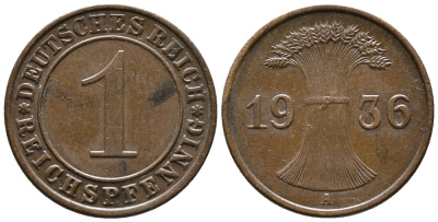 ГЕРМАНИЯ 1 РЕЙХСПФЕННИГ 1936 A KM 37, J. 313 бронза 39-1123