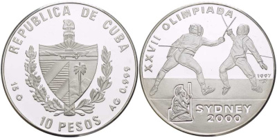 Куба 10 песо 1997 XXVII летние Олимпийские игры 2000 года в Сиднее 2000 года, фехтование KM 591 серебро  PROOF  1069-10-41
