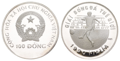 Вьетнам 100 донгов 1989 Чемпионат Мира по футболу 1990 KM 30 серебро PROOF 1083-2-54
