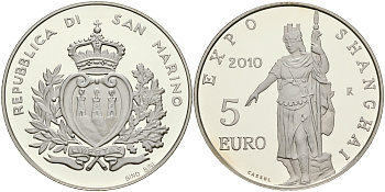 Сан-Марино 5 евро 2010 Экспо Шанхай-2010, в оригинальной коробке с сертификатом KM NEW серебро PROOF 2-5-2-13