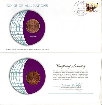 Португалия 1 эскудо 1979 конверт с маркой первого дня гашения, Coins of Nations KM 597 бронза UNC 4295-5-2