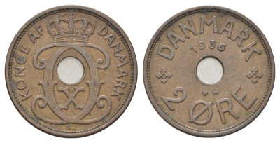 Дания 2 эре 1936 N, Кристиан X (1912-1947) KM 827 бронза 4701-827