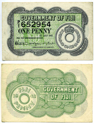 Фиджи 1 пенни 1942 1 июля 1942 Pick 47а бумага XF+ 451-450-1