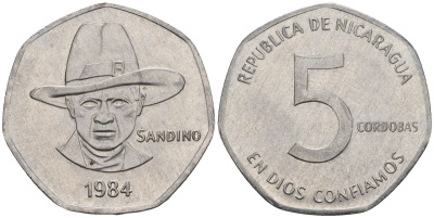Никарагуа 5 кордоба 1984 KM 44a, Schoen 46a сталь плакированная никелем 4118-117
