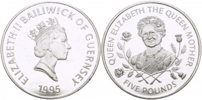Гернси 5 фунтов 1995 Королева Елизавета, королева мать, царапинки на поле KM 66a серебро PROOF 1078-4-12