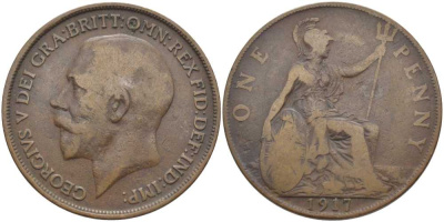 Великобритания 1 пенни 1917 Георг V (1910-1936) KM 810, Spink 4051 бронза 115-121
