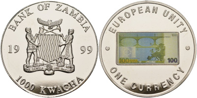 Замбия 1000 квача 1999 серия европейский союз - одна валюта, 100 евро реверс, серебрение KM 129 медь никель цинк 1098-3-52