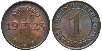 Германия 1 рентенпфенниг 1923 G KM 30, J. 306 бронза UNC 72-1168