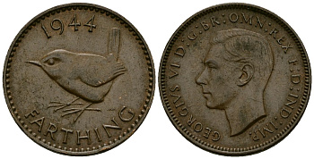 Великобритания 1 фартинг 1944 Георг VI (1936-1952) KM 843, Spink 4116 бронза 4548-1111