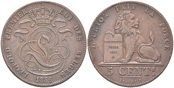 Бельгия 5 сантимов 1856 Belges, Леопольд I (1831-1865) KM 5 медь 4620-1014