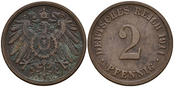 Германия 2 пфеннига 1911 D J.11  KM 16 медь  4598-612