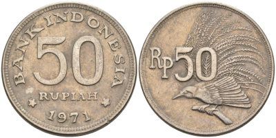 Индонезия 50 рупий 1971 райская птица KM 35 медно-никель 4573-737