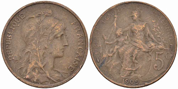 Франция 5 сантимов 1909 тип Дюпюи KM 842, LE FRANC 119.20 бронза 108-915