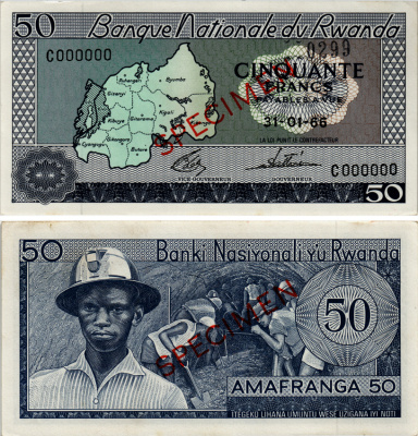 Руанда 50 франков 1966 SPECIMEN Pick 7s1 бумага UNC (пресс) 8588-83-1-1