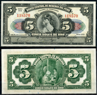 Перу 5 солей 1941 свобода, нефтяная промышленность Pick 66A a  бумага  UNC (пресс) 451-731-2