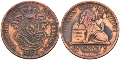 Бельгия 2 сантима 1870 Belges KM 35.1 медь 4595-213