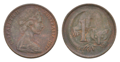 Австралия 1 цент 1977 Елизавета II (1952-2022), молодой портрет, опоссум KM 62 бронза 4655-1215