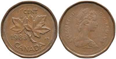 КАНАДА 1 ЦЕНТ 1983 ЕЛИЗАВЕТА II (1952-), КЛЕНОВЫЙ ЛИСТ, ВТОРОЙ ПОРТРЕТ В КОРОНЕ KM 132 бронза 4528-752