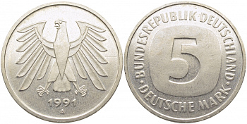 ФРГ 5 МАРОК 1991 A, J. 415, KM 140.1 медно-никель плакированный никелем 109-913