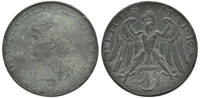 Германия 3 марки 1925 D, пробная / проба, медальер Карл Гетц, диаметр 30,24 мм, вес 14,0 г цинк 00-817-03