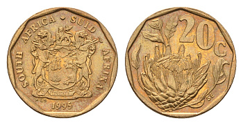 ЮАР 20 центов 1995 герб, цветок протея KM 136 сталь плакированная бронзой UNC 4694-841