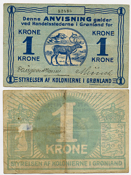 Гренландия 1 крона 1913 Министерство колоний в Гренландии (Styrelsen af Kolonierne i Greenland), северный олень на фоне гор Pick 13 b бумага 451-3-2