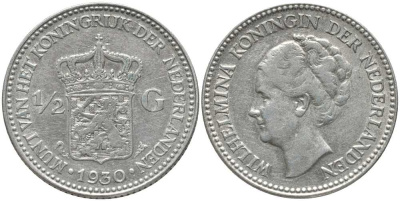Нидерланды 1/2 гульдена 1930 Вильгельмина I (1890-1948) КМ 160 серебро 202-552