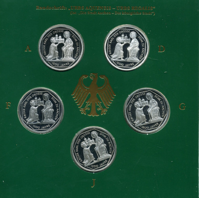 ФРГ набор из 5 штук по 10 марок 2000 A, D, F, G, J, Карл Великий, кафедральный собор в Ахене KM 200 серебро PROOF 6-5-2-8