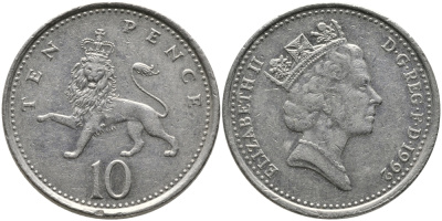 Великобритания 10 пенсов 1992 Елизавета II (1952-2022) KM 938b, Spink 4367 (F4) медно-никель 65-952