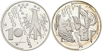 ФРГ 10 евро 2003 D, 100 лет немецкому музею в Мюнхене KM 225, DE.S. 10.6 серебро PROOF 1076-3-24