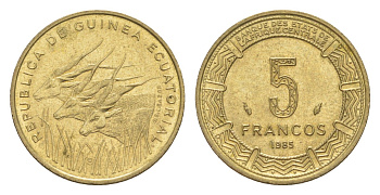 Экваториальная Гвинея 5 франков 1985 год-тип KM 62 алюминиевая бронза UNC 4651-839
