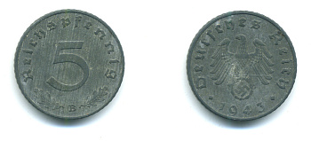 ГЕРМАНИЯ 5 РЕЙХСПФЕННИГОВ 1943 В, ОЧЕНЬ РЕДКАЯ БУКВА, KM 100, J. 370 цинк 4383-415