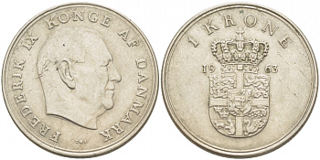 Дания 1 крона 1963 C;S, Фредерик IX (1947-1972) KM 851 медно-никель 213-1215