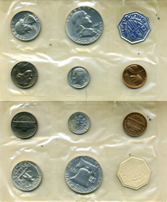 США набор из 5 монет (1, 5, 10 (дайм), 25 (квотер, 1/4 доллара) и 50 (1/2 доллара) центов) и отметки монетного двора 1961 в оригинальном конверте, в запайке KM MS114 (KM 201, A192, 195, 164 и 199) UNC 7-7-17