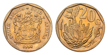 ЮАР 20 центов 1994 герб, цветок протея KM 136 сталь плакированная бронзой UNC 4694-833