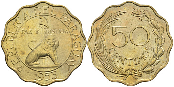 Парагвай 50 сентимо 1953 лев, фригийский колпак на шесте KM 28 алюминиевая бронза  aUNC  4177-633