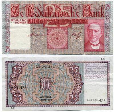 Нидерланды 25 гульденов 1941 Амстердам, 15 марта 1941 Pick 50 бумага VF 451-27-3
