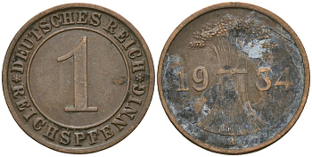 Германия 1 рейхспфенниг 1934 A KM 37, J. 313 бронза 4189-1225
