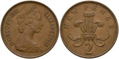 Великобритания 2 пенса 1981 Елизавета II (1952-2022) KM 916, Spink 4235 (C1) бронза 4156-522