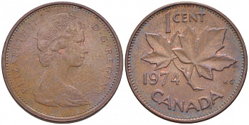 Канада 1 цент 1974 Елизавета II (1952-2022), кленовый лист KM 59.1 бронза 3457-1255