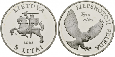 Литва 5 литов 2002 Сова, Tuto alba KM 132 серебро PROOF 11-226-42