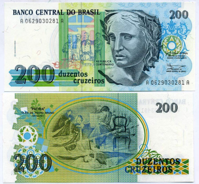 Бразилия 200 крузейро 1990 Pick 229 бумага UNC (пресс) 8588-23-1-2