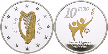 Ирландия 10 евро 2003 специальные Олимпийские игры в Ирландии 2003, позолота KM 41 серебро PROOF 05-086-34