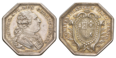 Франция банковский жетон "Валлонская Фландрия" около 1785 года Людовик XVI, диаметр 33 мм, вес 18,41 гр серебро aUNC 633-515