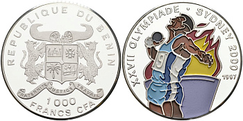 Бенин 1000 франков 1997 Олимпийские игры 2000 года в Сиднее, метатель ядра, цветная эмаль KM 21 серебро PROOF 01-076-42