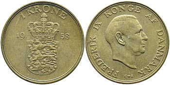 Дания 1 крона 1958 C; S, Фредерик IX (1947-1972) KM 837.2 алюминиевая бронза 4391-1241